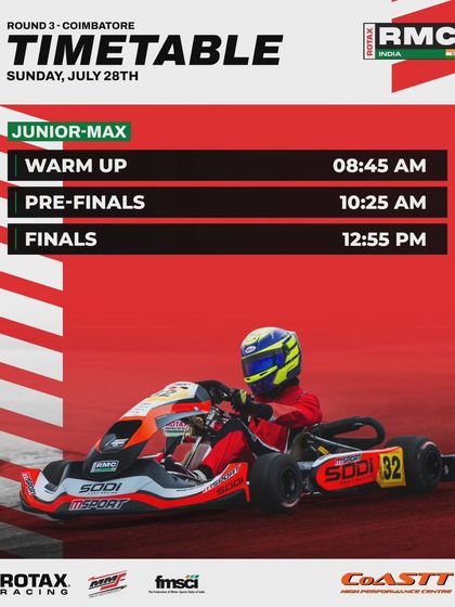 The Sunday race day schedule for the Junior Max class at Round 3 in Coimbatore.