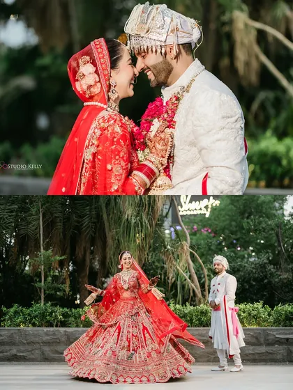 A collage showing both a romantic close-up of the couple and a joyful, full-length shot of them on their wedding day.