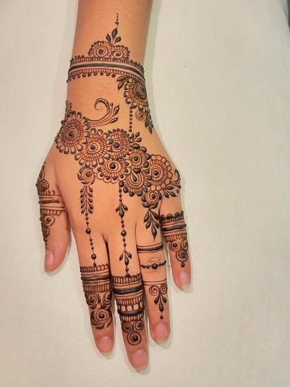 Another view of this delicate party henna design, showing the beautiful details on the fingers.