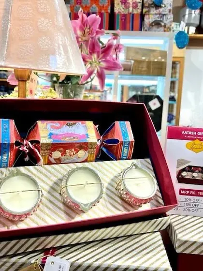 For Diwali, we created the 'Aatash' gift set, which means 'fire'. It holds three beautiful waxed silver diyas and a sweet treat from Parsi Dairy Farm. It’s our way of sharing light and good tidings, wrapped up with a little bit of tradition and a lot of love.