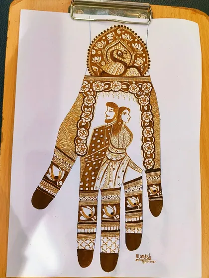 This is the kind of art that tells a story. A full bridal design with a couple's portrait is one of the most advanced skills I teach. It combines detailed patterns, figurative work, and a deep understanding of composition, all of which we cover in the advanced course.