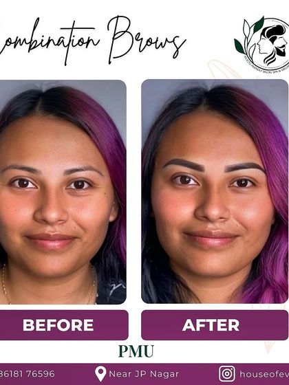 This client's new Combination Brows have a beautiful arch and shape that lifts her eyes. The color change from before is also part of the transformation.