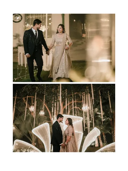 A two-panel collage showing the couple's entrance and a beautiful portrait against the modern, illuminated stage decor.