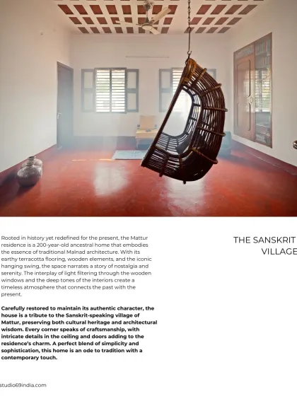 A poster detailing the story of "The Sanskrit Village" project, explaining how the 200-year-old ancestral home was carefully restored to maintain its authentic character while adding a contemporary touch.