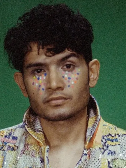 Styling for the album art of 'UDD CHALEIN'. This look features a sequined jacket and playful makeup, showing my work in the music and entertainment space.
