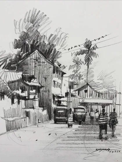A pencil cityscape sketch created during an online class. This drawing shows how to use line weight and shading to create a sense of atmosphere and distance.