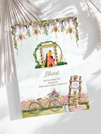 This card from a watercolor wardrobe planner series is for the Bhaat ceremony. It features a colorful illustration of the couple on a swing, surrounded by a whimsical garden setting, perfectly capturing a joyful, traditional event.