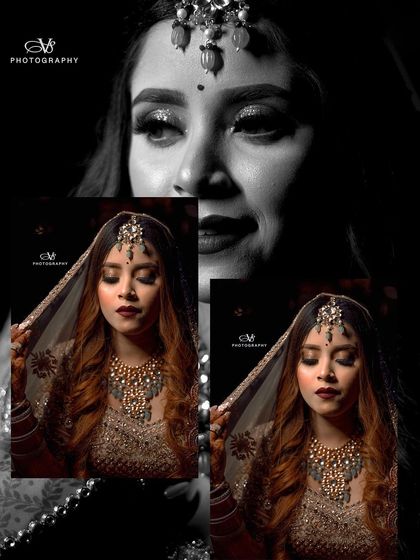 An artistic black and white collage of bridal portraits, using creative framing and layering to produce a high-fashion look.