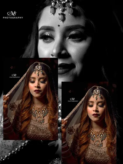An artistic black and white collage of bridal portraits, using creative framing and layering to produce a high-fashion look.