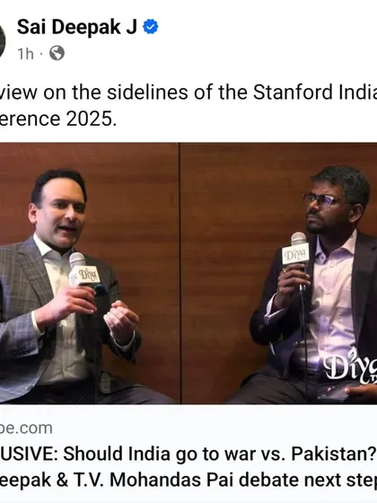 A screenshot of my debate with T.V. Mohandas Pai at the Stanford India Conference. We discussed the critical question of whether India should go to war with Pakistan, exploring the strategic and civilizational dimensions.