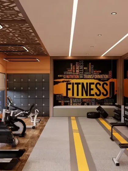 This gym design uses bold graphics and a strong color palette to create an energetic and motivational workout environment. I planned distinct zones for cardio and strength training, using a full-length mirror wall to enhance the space and linear lighting to ensure the entire area is bright and functional.