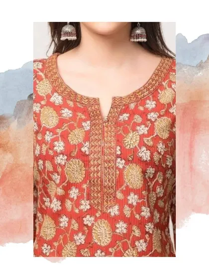 The details make the design. This close-up shows intricate threadwork and embroidery around the neckline of a custom kurti. I can create similar patterns or work with your ideas to add a personal touch of craftsmanship to your garment.