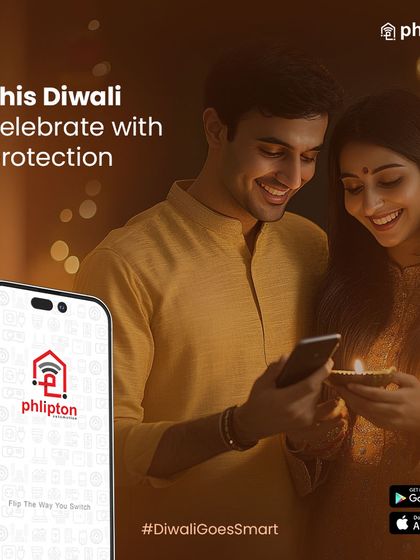 This Diwali, celebrate with protection. The image shows a couple enjoying the festival while having full control of their home's security through the Phlipton app.