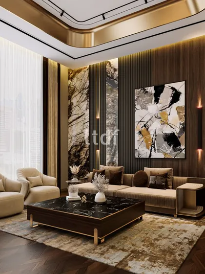In this living room, we embraced luxe living through a composition of opulent furnishings and a rich material palette. A neutral color scheme is punctuated by brass accents in the ceiling, while large floor-to-ceiling windows fill the space with natural light, creating a lively and sophisticated atmosphere.