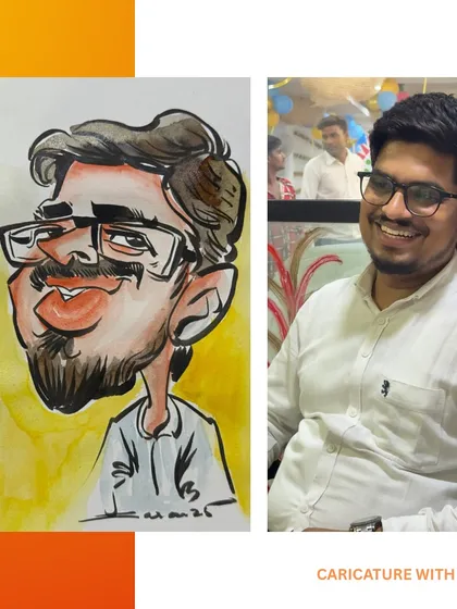 From desk to doodle. This collage shows an employee at Manipal Business Solutions and his colorful caricature, a great way to add creativity to the workday.