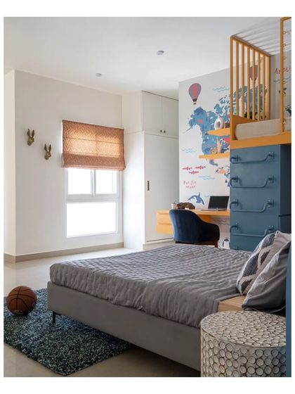 Another view of the kids' room, showing the charming animal faces on the wall and the cozy queen-sized bed. It's a super cool and smart haven where kids can learn, play, and rest.