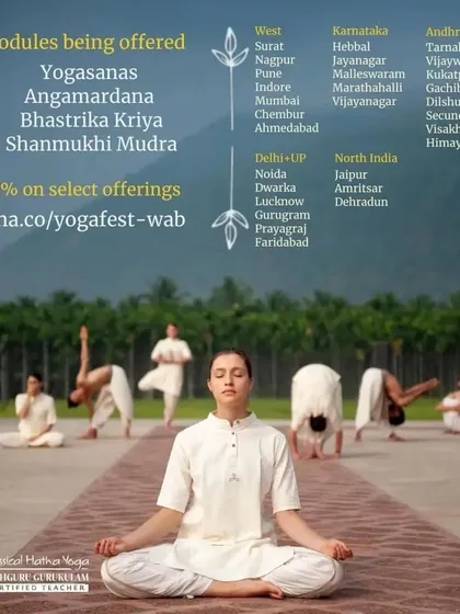 A comprehensive list of modules and locations for the Classical Hatha Yoga Fest across India, including Delhi, Noida, and Gurgaon. Yogasanas, Angamardana, and other kriyas are being offered.