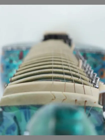 A unique perspective looking down the neck of the peacock sitar, showing the alignment of the strings over the frets and bridge.