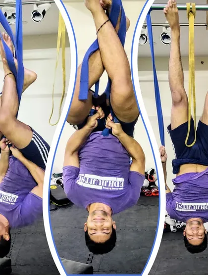 Recovery and mobility are just as important as training. Here I am using straps for a deep, inverted stretch to decompress the spine and improve flexibility after a tough session.