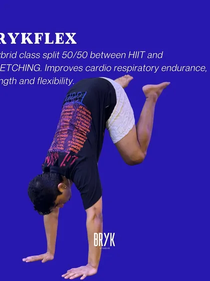 Get the best of both worlds with BRYKFLEX. This hybrid class is a 50/50 split between HIIT and stretching, designed to improve cardio, endurance, strength, and flexibility.