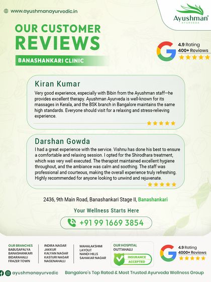 These reviews from our Banashankari clinic affirm that we maintain the high standards of Kerala's authentic Ayurvedic therapies. Clients recommend us for a relaxing and stress-relieving experience, praising the well-executed Shirodhara and the professional staff.