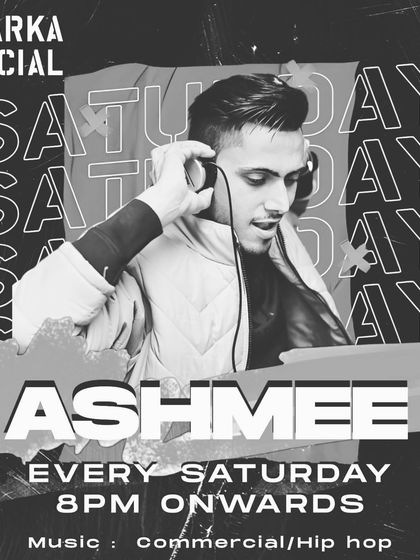 A black and white themed poster for one of my Saturday night residencies, where I play commercial and hip hop music.