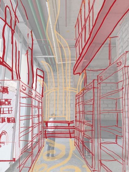Our design process for the Ichiba Japanese retail store started with this layered sketch. We envisioned a space defined by red steel frames and flowing noodle-like ceiling elements, creating a strong visual identity within a compact footprint.