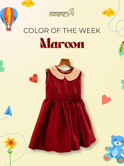 A graphic featuring a rich maroon dress as the color of the week. This deep, elegant color is perfect for autumn and winter celebrations.