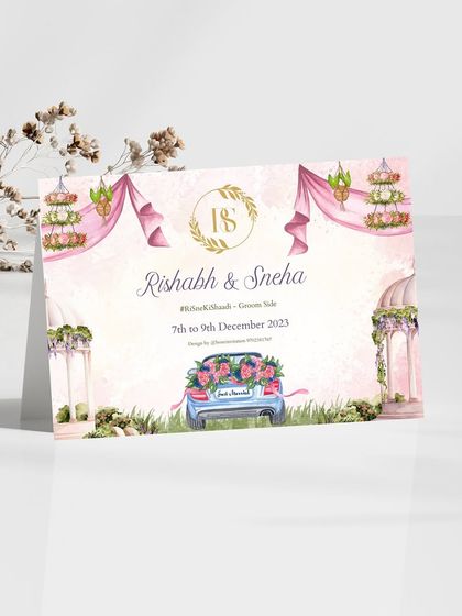 A charming "Just Married" car sticker design. Featuring the couple's monogram and a car overflowing with flowers, it’s a whimsical and romantic detail for the wedding day getaway.