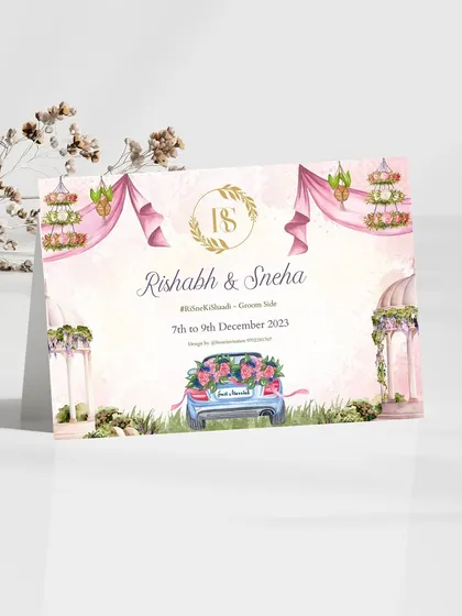 A charming "Just Married" car sticker design. Featuring the couple's monogram and a car overflowing with flowers, it’s a whimsical and romantic detail for the wedding day getaway.