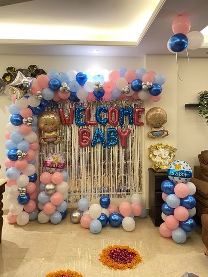 A complete view of the pink, blue, and silver 'Welcome Baby' home decoration, perfect for celebrating the arrival of a newborn.
