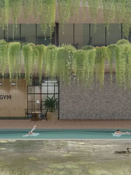 The design for the gym and swimming pool area, which is fronted by a natural bio-pond. This integration of leisure facilities with natural water bodies is a key part of the biophilic design.