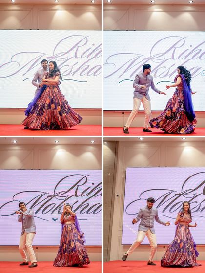 A collage of a couple's energetic Sangeet performance. I capture the various moves and expressions to tell the story of their dance.