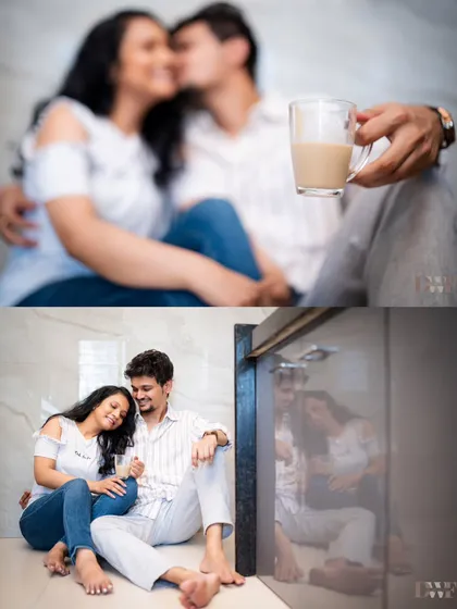 A collage focusing on the small, intimate details of a home-based pre-wedding shoot, from a shared cup of tea to a quiet moment of reflection.