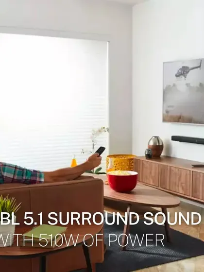 The JBL Bar 5.1 system offers true wireless surround sound with 510W of power. The main soundbar features detachable, battery-powered speakers that you can place anywhere in the room for a truly flexible and immersive audio experience.