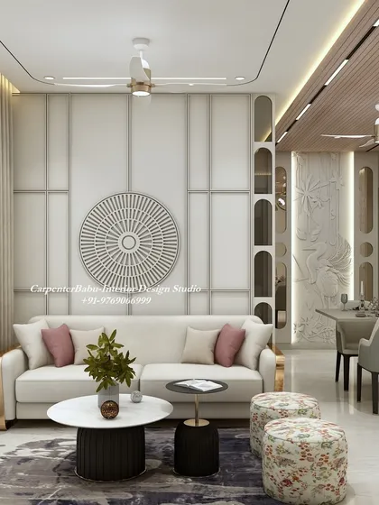 A living room that feels both cozy and chic, with a comfortable sofa, floral-patterned ottomans, and a large circular wall art piece. The design is perfect for a modern family home.