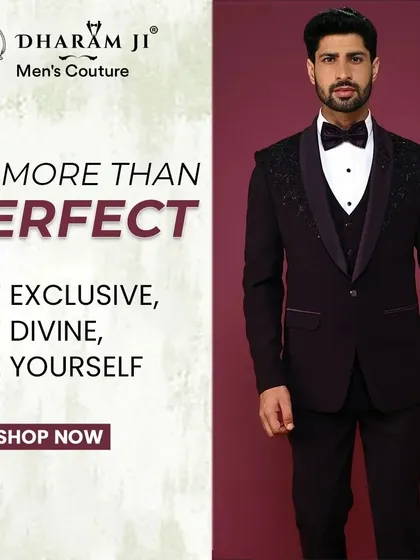 Be more than perfect, be yourself. This graphic, featuring a model in a custom three-piece tuxedo, reflects my philosophy of creating exclusive, personal style.