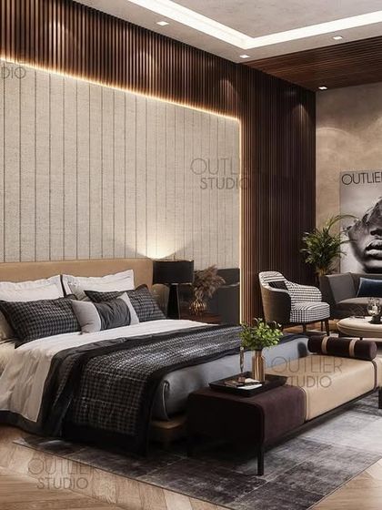 This brown and beige themed bedroom is the perfect retreat after a long day. The design features a fully upholstered wall, dark wood flooring, and a comfortable seating area, creating a warm and inviting space.