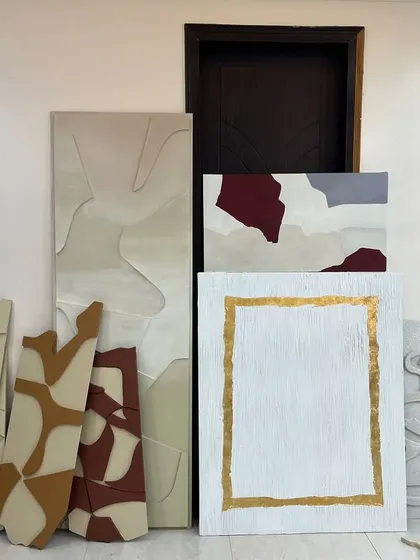 A collection of various multi-panel and modular pieces ready for the Hyderabad project. This shows the range of styles and shapes we created.