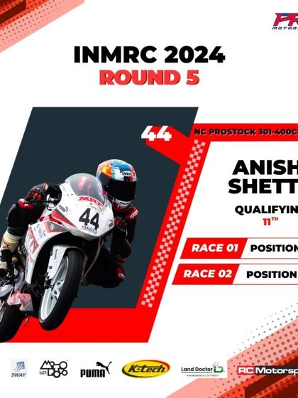The official results card for our chief, Anish Shetty, in the Prostock 301-400cc open category, highlighting his consistent top-10 finishes.
