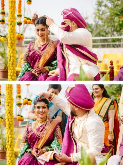 The groom lovingly performs a ritual for his bride during their Maharashtrian wedding. These are the sacred traditions that form the core of the ceremony.