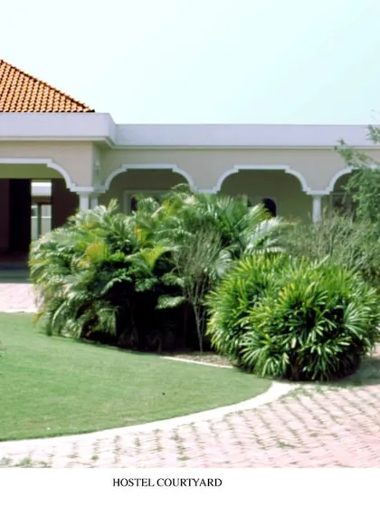 The hostel courtyard at Babrala School was designed as a peaceful, enclosed garden. The use of colonnades and lush central planting provides a sense of sanctuary and community for the residents.