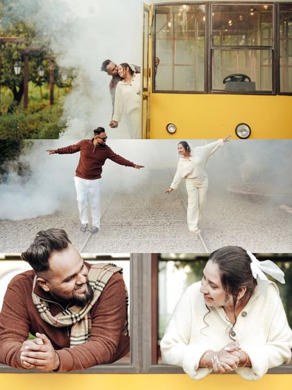 This collage tells the story of Harshad and Bhavika's train-themed shoot. From playful moments on the tracks to romantic glances through the window, it showcases a creative and fun pre-wedding concept.