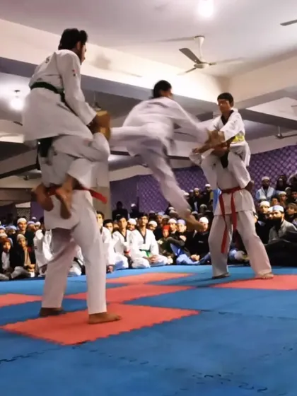 We showcase our skills through powerful demonstrations. This advanced aerial kick was performed in front of my respected community at Jamia Islamia Sanabil, combining skill with tradition.
