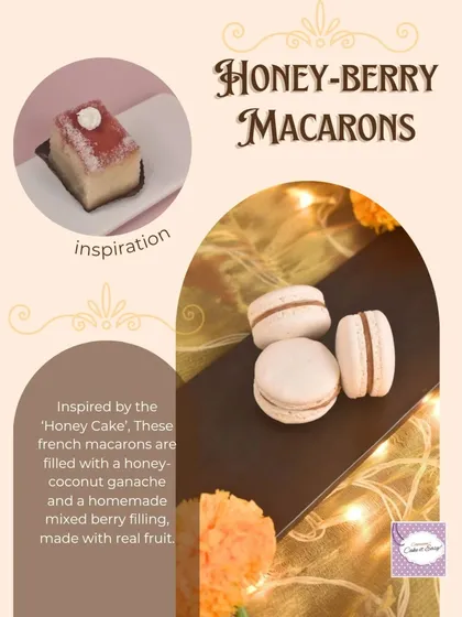 Inspired by the iconic Honey Cake, these Honey-Berry Macarons are filled with a honey-coconut ganache and a homemade mixed berry filling.