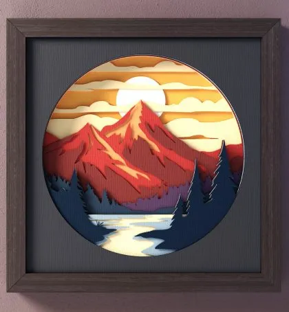 Our Sunset Over Mountain Lake shadow box tells a story in layers. Each element, from the pine trees to the setting sun, is precisely cut and arranged to create a scene with incredible depth, bringing the tranquility of a mountain cabin into your home.