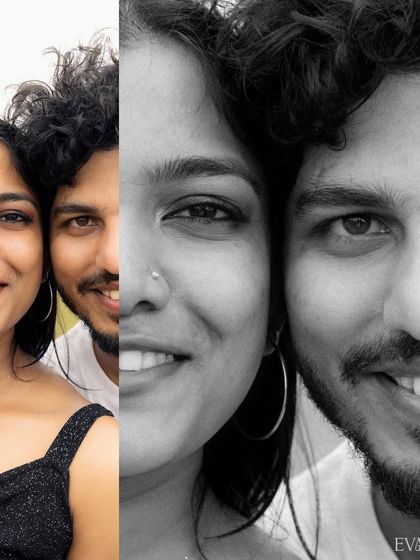 A creative split-portrait of Sachin and Prema, blending their faces to symbolize their union. One half is in color, the other in black and white, adding an artistic touch.