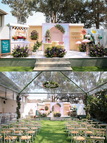 A collage showing a birthday party setup at Backyard. The top image shows the detailed stage decor, while the bottom shows the seating arrangement under a clear-top tent.