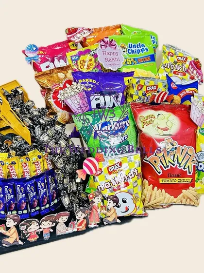 Another angle of our ultimate snacker's Rakhi hamper. It's a playful and abundant gift that's perfect for a sibling who loves to munch.
