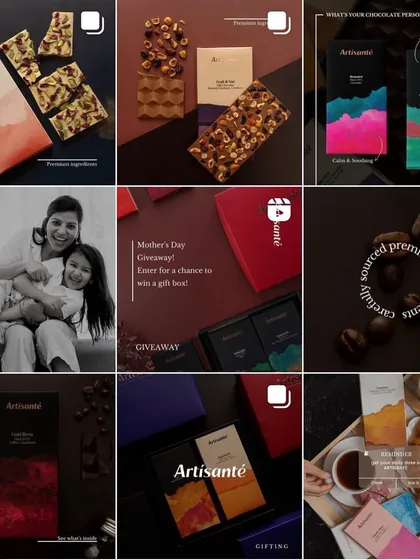 This is a sample of the content we create for our client Artisante, a maker of fine chocolates. The grid combines elegant product photography with lifestyle moments, like a Mother's Day giveaway, to build a strong brand community.